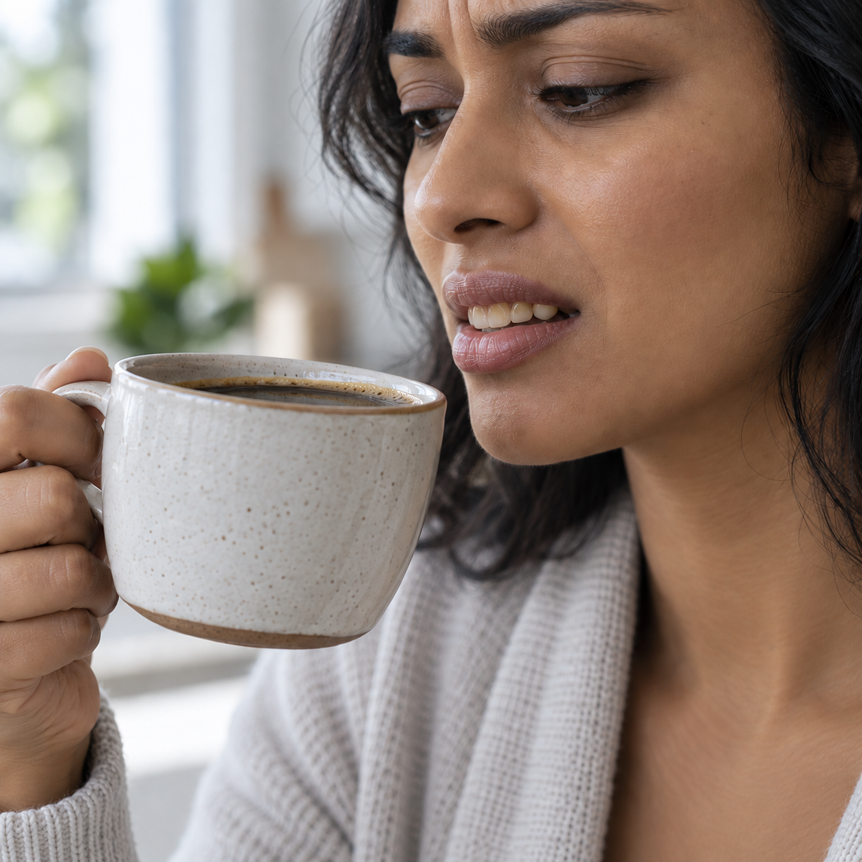 Kvinna med kaffekopp visar missfärgade tänder